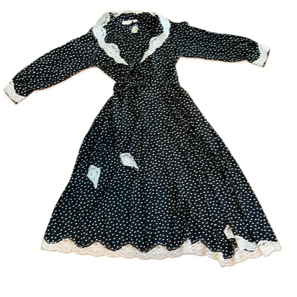 Victorian Secret Black Polka Dot Lace Trimmed Long Sleeve Robe DressVintage S